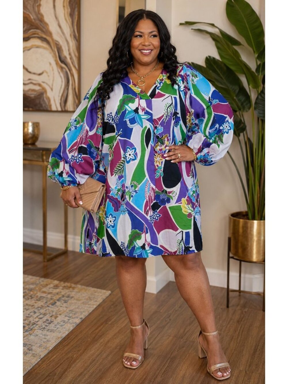 Cotton Bleu Plus Size 1X Dress Tunic Multicolor Floral Print Long Sleeve Pockets - Picture 8 of 8